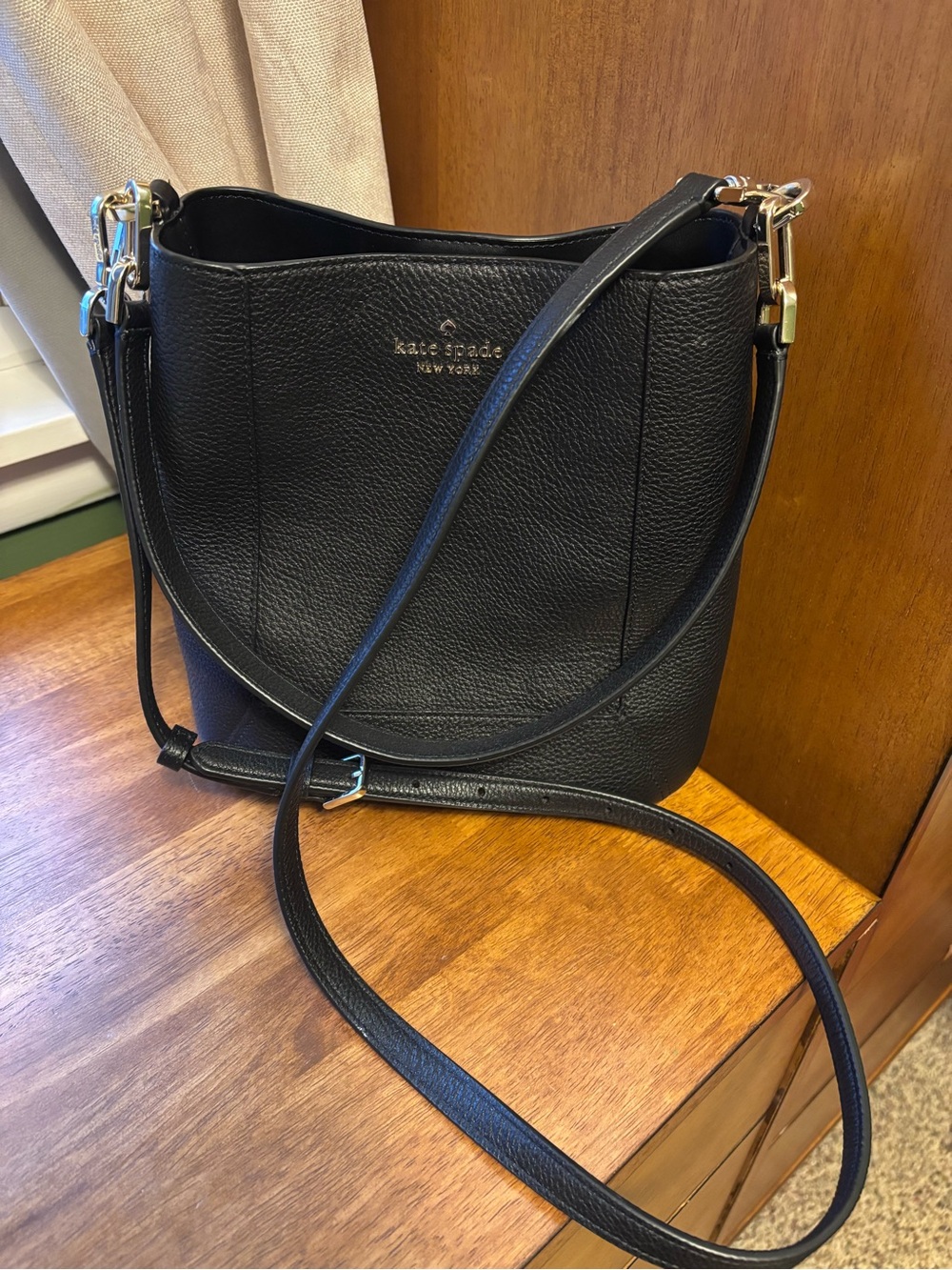 kate spade Lena Black Pebbled Leather Crossbody Bucket Bag